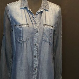 CLOTH & STONE Tencel Chambray Tie Waist Button Down Shirt Dress Women's Sz XS